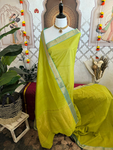 Handwoven Mangalgiri Cotton Saree | Chartreuse | Gold Zari | Handwoven | Ships from California